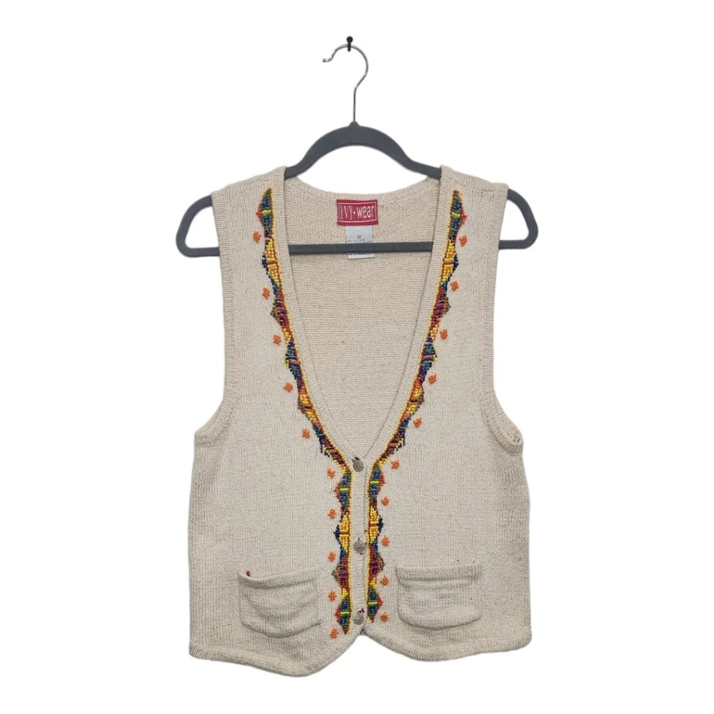 Vintage I.V.Y. Sweater Vest Rainbow Beading Cream V Neck Button Up Size M